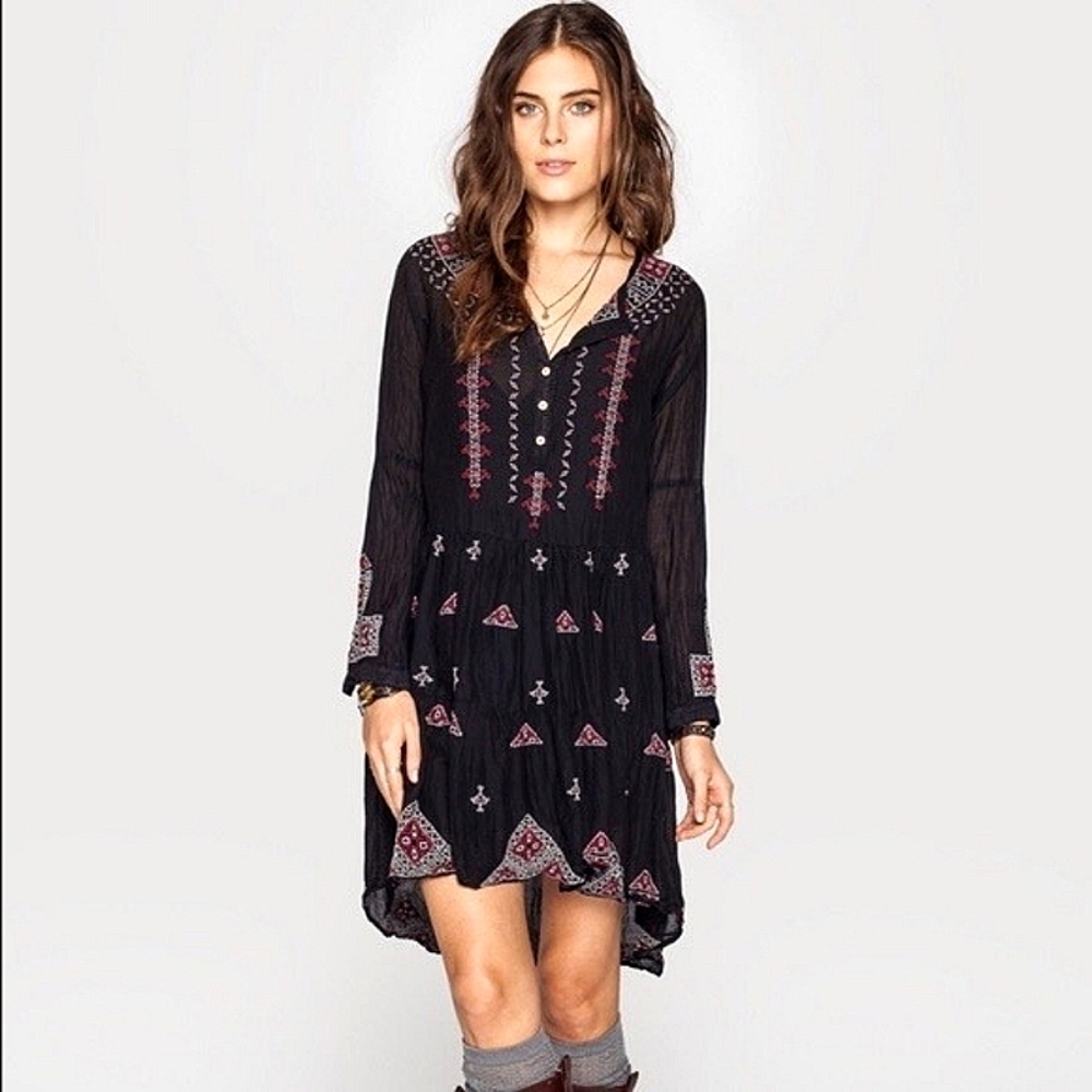 Johnny Was Ava Peasant Dress Cotton Silk Blend Black Bohemian Dress Retails $229